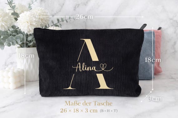 Personalized corduroy cosmetic bag with initial & name – monogrammed makeup bag – gift for her by AllerleiPlottereiByS