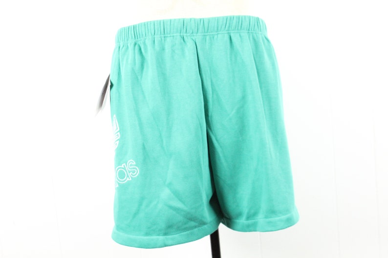 May include: Teal athletic shorts with a white Adidas logo.