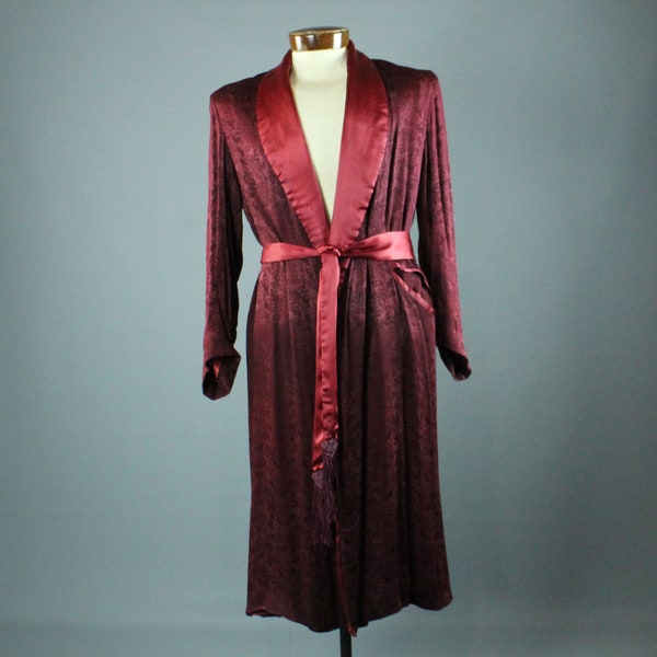 50's Red Satin Smoking Jacket Robe Vintage 1950's Large L