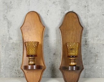 70's Wooden Wall Sconces Candle Holder Pair