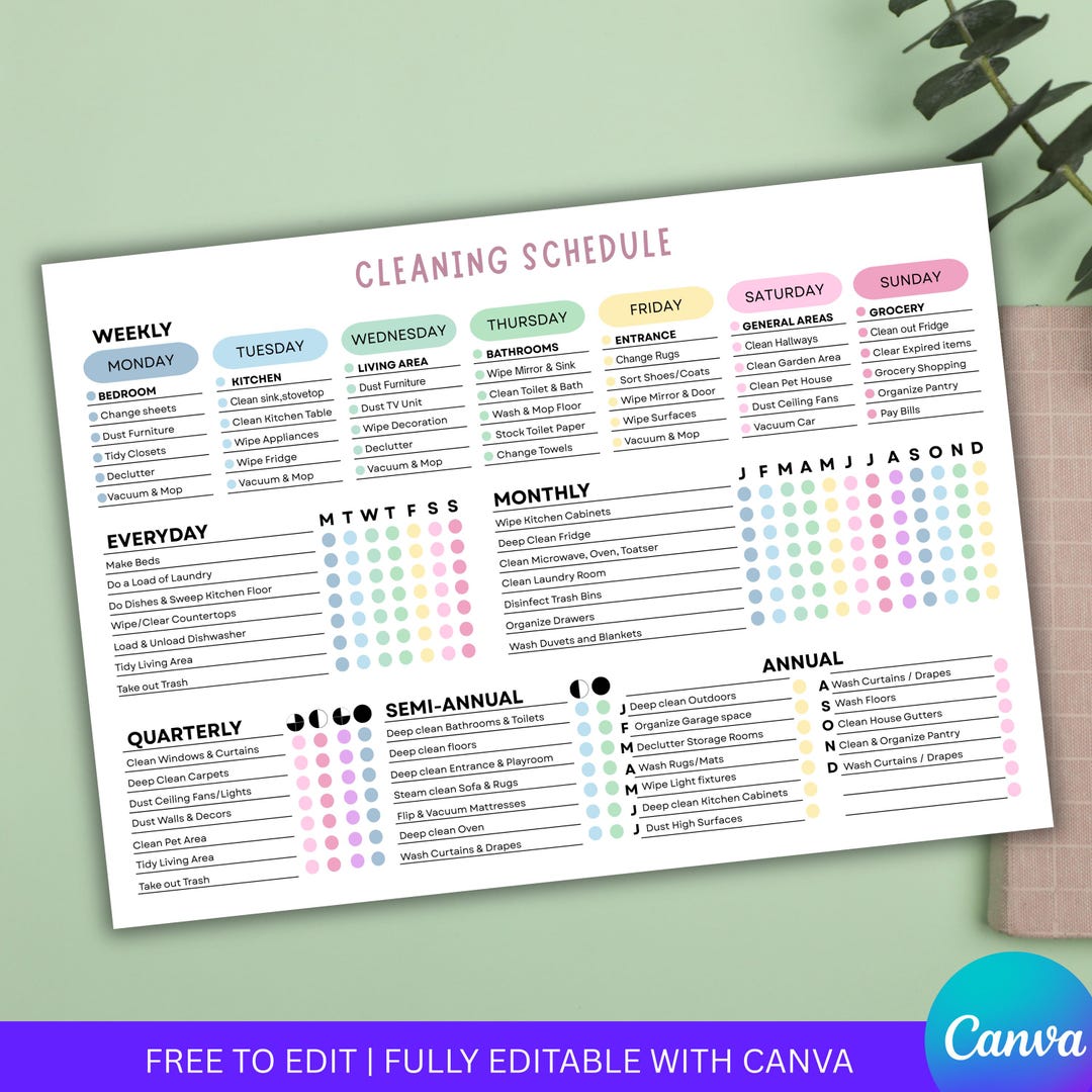 Editable ADHD Cleaning Schedule Planner Daily Weekly Monthly Annual ...