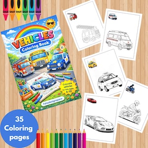 Könnte beinhalten: Ein farbenfrohes Malbuch für Kinder mit dem Titel "Fahrzeuge" mit 35 Malvorlagen. Das Cover zeigt Illustrationen eines Feuerwehrautos, Schulbusses, Polizeiautos und anderer Fahrzeuge. Enthält Buntstifte und Malvorlagen mit Fahrzeugumrissen.