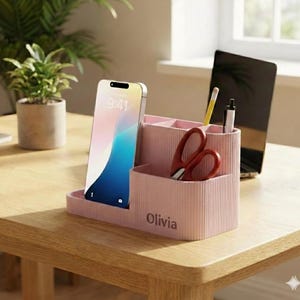Organizador de escritorio personalizado con soporte para teléfono integrado / Portalápices acanalado de color personalizado / Solución moderna de almacenamiento para oficina
