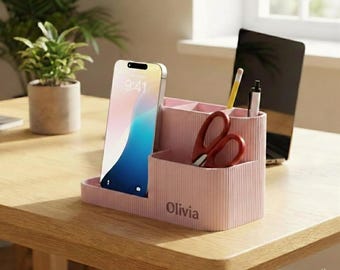 Personalised Desk Organiser with Integrated Phone Stand | Custom Colour Ribbed Pen Pot Stationery Tray | Modern Office Storage Solution