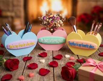 Personalized Valentine's Day Heart Pen Holder Custom Organizer Unique Romantic Gift for anyone Holographic print  Custom Message