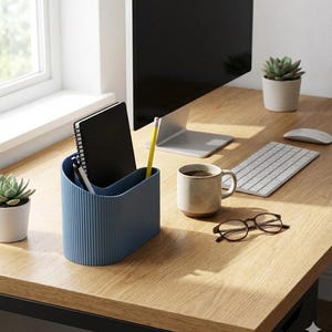 Puede incluir: Un organizador de escritorio azul con líneas verticales contiene un cuaderno negro, bolígrafos y un lápiz amarillo. Un monitor de ordenador, un teclado y una taza de café están sobre un escritorio de madera clara. Un par de gafas descansa cerca de la taza.