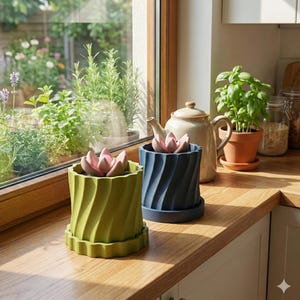 May include: Two decorative planters with spiral designs, one green and one blue, each holding a pink succulent. The planters sit on a wooden surface near a window, with a teapot and potted herbs in the background. The scene is bright and airy.
