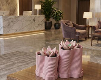 Modern Succulent Planter | Wavy Fluted Pot with Drip Tray