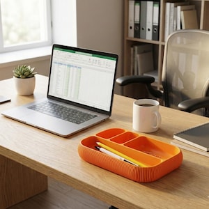 May include: A desk setup with a laptop showing a spreadsheet, an orange desk tidy with pens, a white mug, a succulent plant, and notebooks. The desk is made of light-coloured wood.