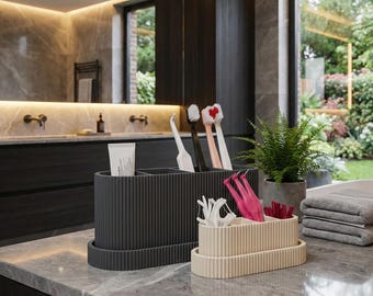 Electric Toothbrush Holder Fluted Bathroom Organiser Set Minimalist Vanity Storage for Floss, Toothpaste, Toothbrush or Makeup Brushes