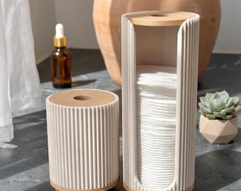 porte-bloc et organisateur de vanité moderne en coton côtelé | Distributeur de tampons démaquillants | Décoration de salle de bain bohème | Ensemble de rangement pour soins de la peau