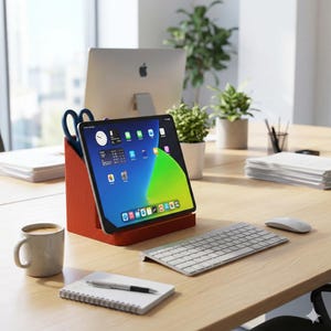 May include: A modern office setup featuring a tablet in a red stand, a wireless keyboard, and a white mouse on a wooden desk. A coffee mug, notepad, and scissors are also present. A computer monitor and plants are in the background.