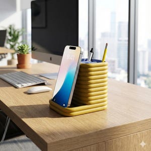 May include: A mustard yellow desk tidy with a built-in phone stand. A smartphone displays the time as 9:41. The organiser holds pens and a pencil. The desk is made of wood and has a computer, keyboard, and mouse.