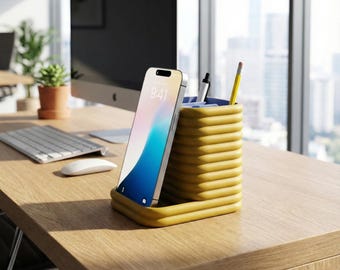 Modern Ribbed Desk Organizer – Custom Color Minimalist Pen & Phone Holder