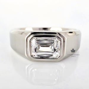 Emerald Cut Diamond Ring East West Setting, Bezel Set Mens Band, Gift for Husband