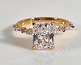 Anillo de compromiso con diamante cultivado en laboratorio de talla radiante de 2,00 quilates, hecho en oro amarillo, perfecto para uso diario, regalo para esposa.