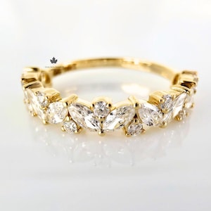 Marquise Moissanite Wedding Band 14K Gold , Curved Cluster Diamond Ring , Leaf V Shaped Stackable Band , Minimalist Bridal Ring Gift for Her
