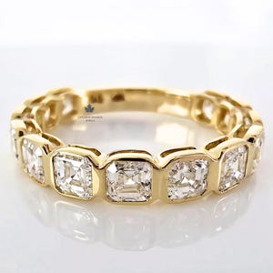 Asscher Cut Diamond Eternity Ring, Gold Bezel Set Band, Half Eternity Wedding Ring, Art Deco Stackable Ring, Anniversary Gift for Her