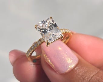 Anillo de compromiso de oro macizo con talla radiante, gema rectangular grande con banda pavé, anillo de aniversario y de pedida de mano.