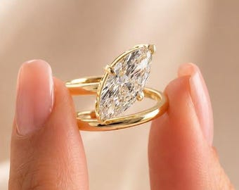 Anillo de oro macizo con corte marquesa y diseño abierto, anillo de oro macizo para uso diario, regalo de Navidad.