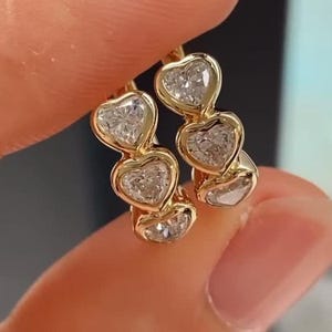 3 Stone Heart Diamond Huggie Earrings, Bezel Set Heart Cut Hoop Earrings, 14K Gold Dainty Huggies, Lab Diamond Heart Earrings