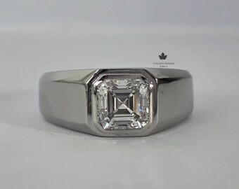 Father's Day Gift Men's Diamond Ring, Platinum Bezel Set Wide Band, Asscher Cut Solitaire, Fine Jewelry, Ring for Dad