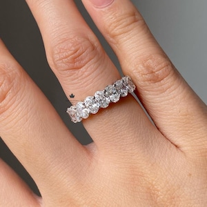 Oval Lab Cut Diamond Half Eternity Band, 14K Solid Gold Stackable Wedding Ring,