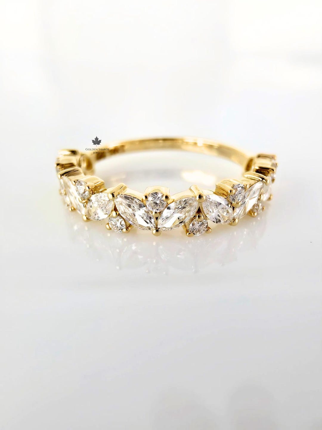 Marquise and Round Diamond Wedding Band 14K Gold, Half Eternity Ring ...