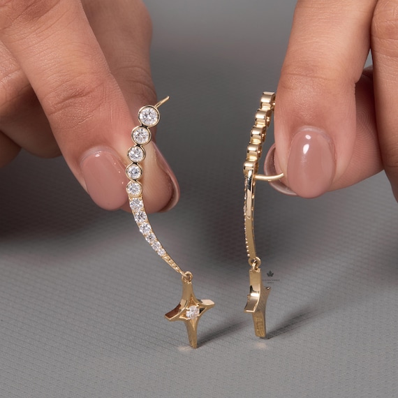 Round Diamond Gold Ear Cuff, long earrings, waterproof earrings, Jewelry for Women, Elegant Earrings, Bridal Statement Ear Climber