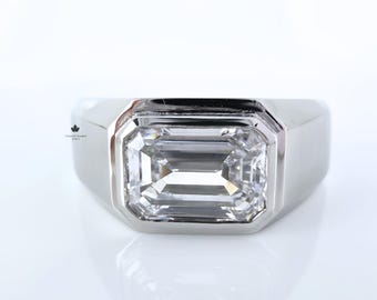 Anillo de sello de moissanita talla esmeralda en platino, anillo solitario con engaste biselado para hombre, anillo minimalista llamativo, regalo para el Día del Padre