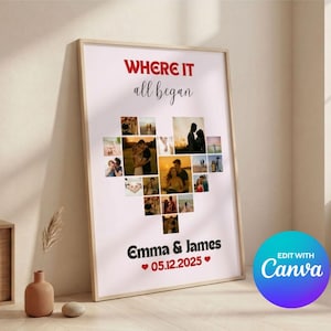 Pode incluir: Uma impressão emoldurada com uma colagem de fotos em forma de coração. As palavras "WHERE IT all began" estão no topo em vermelho e preto. Abaixo das fotos estão os nomes "Emma & James" e a data "05.12.2025".