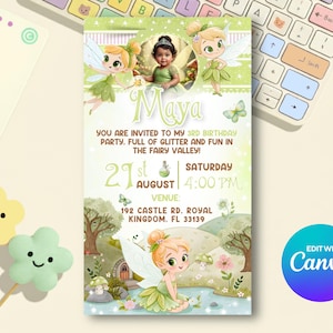 Pode incluir: Um convite extravagante para uma festa de 3º aniversário, com uma foto de uma criança chamada Maya, rodeada por ilustrações de fadas. O convite inclui a data, hora e detalhes do local. O texto "Edit with Canva" está no canto inferior direito.