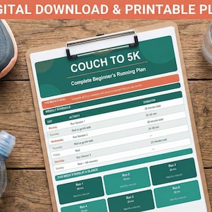 May include: A wooden table displays a running plan titled "Couch to 5K" with a complete beginner's running plan. Gray running shoes, a water bottle, and a smartphone are also on the table. The plan includes weekly schedules and run durations.