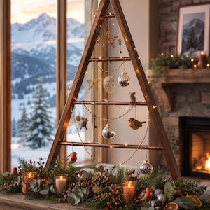 May include: A triangular wooden frame structure serving as a decorative display, featuring horizontal rungs adorned with hanging gold-toned stars, moons, keys, clear glass ornaments, and small bird figurines, all illuminated by thin string lights.