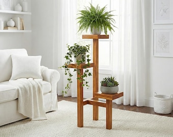 3-Tier Wooden Ladder Plant Stand - Rustic Outdoor Garden Planter Flower Shelf - DIY Plant Decor