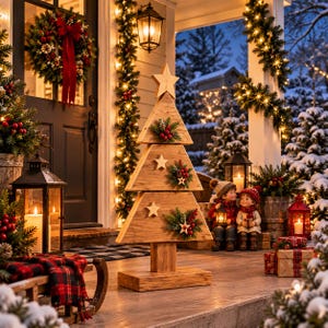 Op de afbeelding: Een houten kerstboomdecoratie bestaande uit drie gestapelde driehoekige planken op een rechthoekige voet, bekroond met een ster. De boom is versierd met kleine houten sterren en takjes groen dennennaald met rode bessen op elke laag.