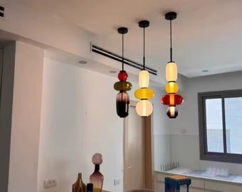 Handblown Glass Bead pendant light, Sculptural hanging light unique suspenion luminaire Art deco , Mid-century glass Pendant lights