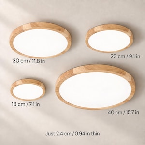 May include: Four circular flush mount ceiling lights with light wood frames and white centers. Sizes are 11.8 inches, 9.1 inches, 7.1 inches, and 15.7 inches in diameter. The text indicates a thickness of 0.94 inches for these lighting fixtures.