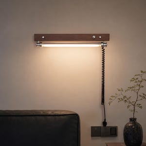Plug In Dimmable Wall Sconce | Wood & Metal Wall Light | Modern Bedside Reading Lamp | Hardwire Optional Lighting Fixture