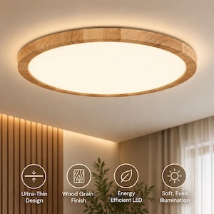Puede incluir: Una lámpara de techo redonda y ultraplana con un marco de acabado en veta de madera clara y un difusor central blanco que emite una iluminación suave y uniforme. El diseño incluye iconos de ultraplano, veta de madera, LED e iluminación.