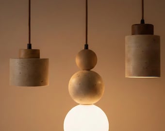 Wood & Travertine Pendant collection. Hanging pendants, suspension light, pendant light, wood and glass stone pendant light, cluster lights.