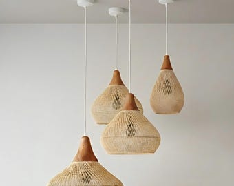 Rattan pendant lights, boho style, hanging wooden lamp & lamp shade. woven cluster ceiling lamp. Natural chandelier