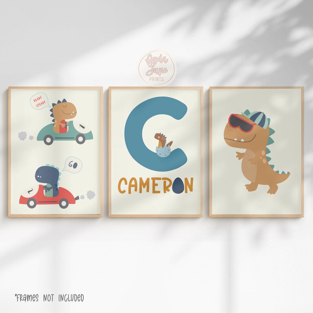 Personalised Dinosaur Nursery Prints Set of 3, Boys Bedroom Wall Art ...