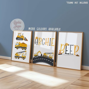 May include: Three vertical wall art prints featuring construction themes. The first shows a yellow bulldozer, dump truck, and crane. The second displays the name ARCHIE with excavators on a road. The third shows the word BEEP with a traffic cone.
