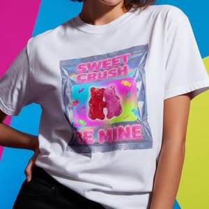 Gummy Bear Valentine Shirt Y2K Retro Candy Wrapper Tee Sweet Crush 3D Graphic Top Kawaii Galentines Gift for Her Mint Green Pastel Aesthetic