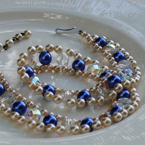 Vintage Necklace with Blue and White Pearls and Crystals - Gorgeous Rare Design - Excellent Condition