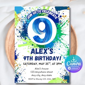 Invitación de cumpleaños con salpicaduras de pintura azul, para niño de 9.º cumpleaños / Plantilla editable de Canva / Descarga digital de 5 x 7