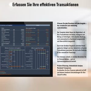 May include: A digital financial dashboard with the German text "Erfassen Sie Ihre effektiven Transaktionen" at the top. The screen displays financial data, charts, and tables for tracking income, expenses, and budget comparisons.