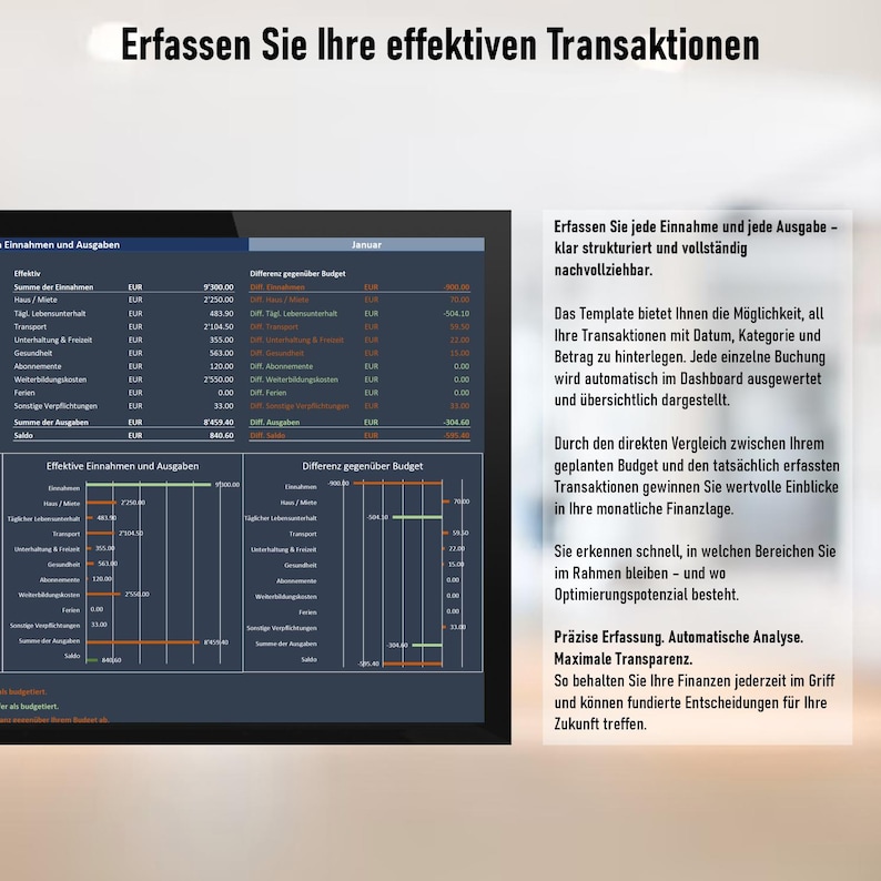 May include: A digital financial dashboard with the German text "Erfassen Sie Ihre effektiven Transaktionen" at the top. The screen displays financial data, charts, and tables for tracking income, expenses, and budget comparisons.
