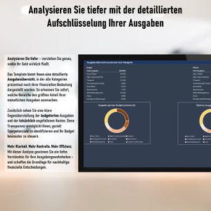 May include: A digital display showing a detailed breakdown of expenses. The screen displays financial data, including budget percentages and expense categories. Text on the screen reads "Analyze deeper with the detailed breakdown of your expenses."